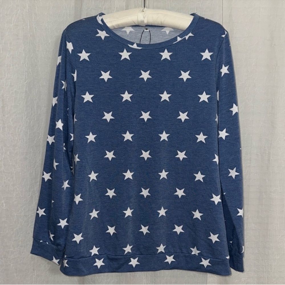 Blue White M Country Star Cotton Blend Terrycloth Pullover Inner Long Sleeve Top